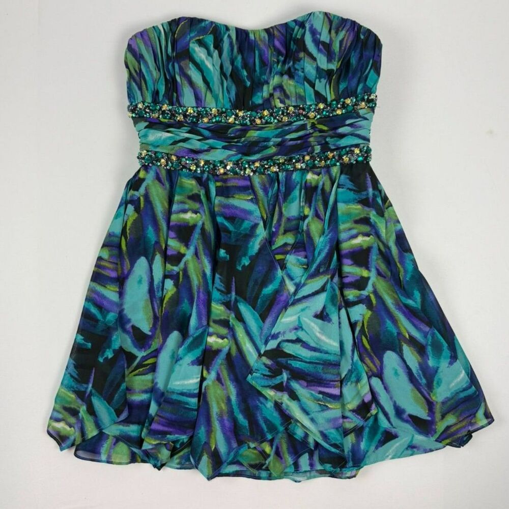 Morgan & Co. Y2K Teal Strapless Beaded Mini Dress - M/L
